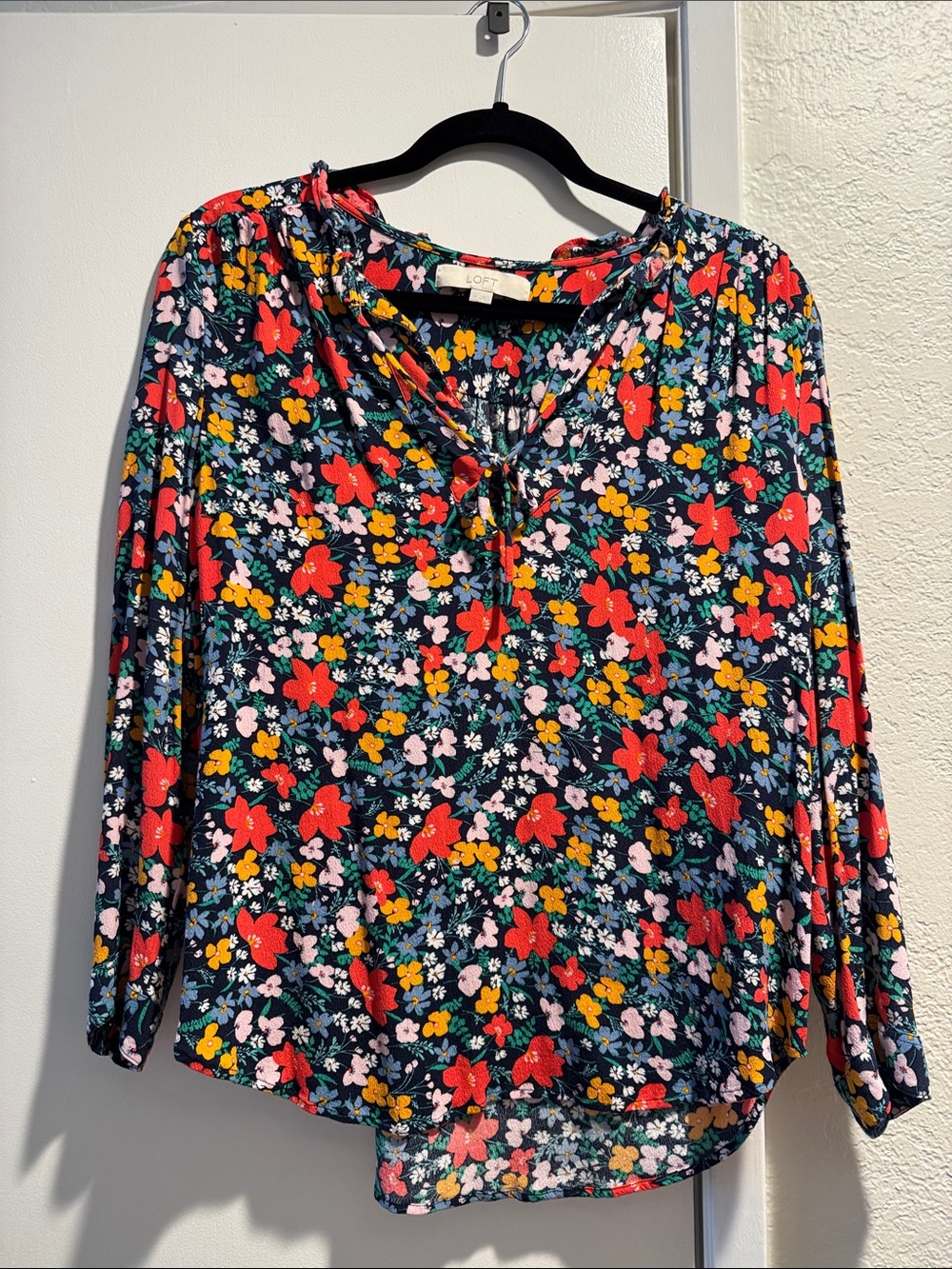 LOFT Navy Floral Tie-Neck Blouse with Red, Yellow & Pink Flowers